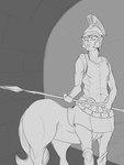 armor bottomless clothed clothing headgear helmet male melee_weapon navel_outline polearm solo spear weapon paoguu european_mythology greek_mythology mythology centaur equid equid_taur humanoid_taur mammal mammal_taur taur 3:4 greyscale hi_res monochrome