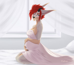 anthro bed black_claws black_horn blush claws day ear_piercing ear_ring facial_piercing fangs female fur furgonomic_piercing furgonomics furniture grey_body grey_fur hair hand_on_belly heterochromia horn inside kneeling looking_back muzzle_piercing nose_piercing nose_ring on_bed piercing pregnant red_eyes red_hair ring_piercing sabertooth_(anatomy) septum_piercing septum_ring short_hair side_view smile snout solo teeth white_eyes yellow_body yellow_fur valeris canid canine hybrid mammal hi_res