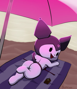 anthro beach_towel bikini bikini_bottom bikini_top_removed black_eyes breasts butt chibi clothing eyebrows eyelashes feet female looking_back lying lying_on_ground on_front on_ground open_mouth outside pink_nose sand solo spade_tail swimwear tail towel two-piece_swimsuit umbrella half_dime onegai_my_melody sanrio kuromi demon lagomorph leporid mammal rabbit absurd_res hi_res