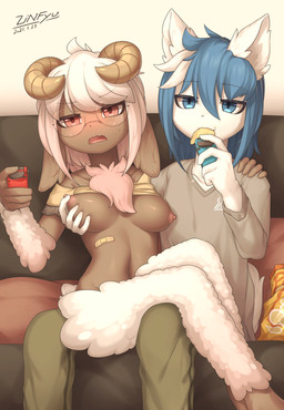5_fingers anthro areola band-aid bandage blue_eyes blue_hair blush bodily_fluids bottomwear breast_grab breasts brown_body brown_fur chest_tuft chips_(food) clothed clothing clothing_lift controller curled_horn duo eating exposed_breasts eyewear female female_anthro fingers floppy_ears food fur furniture game_controller glasses hair half-closed_eyes hand_on_breast holding_object horn joycon_controller kemono male male/female male_anthro multicolored_hair narrowed_eyes navel nintendo_controller nipple_fetish nipple_pinch nipple_play nipples on_lap open_mouth pants pinch pink_body pink_eyes pink_fur potato_chips shirt sitting sitting_on_lap sofa sweat sweatdrop tank_top topwear tuft wearing_glasses white_body white_fur white_hair white_wool wool_(fur) zinfyu nintendo nintendo_switch sakura_hichuena bovid canid canine caprine mammal sheep 2021 absurd_res digital_media_(artwork) hi_res shaded signature