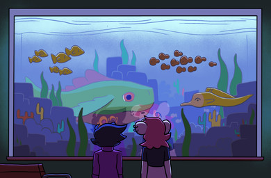 anthro aquarium bench black_clothing black_crop_top black_hair black_shirt black_topwear clothing coral_reef crop_top duo ear_piercing ear_ring eyewear feathers female feral fur glasses hair male orange_body orange_feathers piercing pink_eyes pink_hair purple_clothing purple_eyes purple_sweater purple_topwear reflection ring_piercing rock seaweed shirt sweater topwear vivarium white_body white_fur percybird liz_(percybird) percy_(percybird) anthozoan aquatic avian bird cnidarian coral eurasian_bullfinch finch fish mammal mouse murid murine oscine passerine rodent true_bullfinch 2026 clip_studio_paint_(artwork) colored digital_media_(artwork) hi_res shaded trans_(lore) trans_woman_(lore)