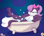 3_toes accessory anthro arms_bent bathtub bent_legs bow_(feature) bow_accessory bow_ribbon breasts bubble bubble_bath claw_foot_bathtub feet female fur hair hair_accessory hair_bow hair_ribbon hashtag leaning_on_edge multicolored_body multicolored_fur nude over_edge planted_leg purple_body purple_fur purple_hair raised_leg raised_surface_support resting_arms ribbons solo supported_tail tail_over_edge toes up_and_over white_body white_fur furboz tiny_toon_adventures warner_brothers fifi_la_fume mammal mephitid skunk 2019