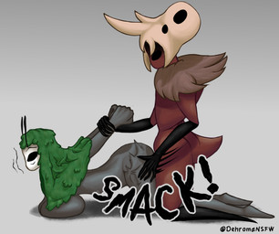 big_breasts black_eyes bone breasts butt_slap duo female fur_clothing grass grass_hair grey_body grey_skin male male/female mask plant red_body red_skin sex skull skull_helmet slap smack_(sound_effect) smacking_ass spanked_butt spanking text vessel dehromansfw hollow_knight:_silksong hollow_knight_(franchise) team_cherry fan_character ant arthropod humanoid hymenopteran insect skarr skarr_stalker hi_res shaded