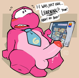 accessory anthro blush bodily_fluids caught_in_the_act dripping embarrassed genital_fluids genitals lying male mostly_nude necktie necktie_only on_back penis pink_body precum precum_drip shortstack shortstack_male slightly_chubby solo sweat sweatdrop tablet_computer throbbing throbbing_penis raburigaron e621 gameoverse glitch_productions gobbles_(gameoverse) dinosaur prehistoric_species reptile scalie e621_post_recursion hi_res