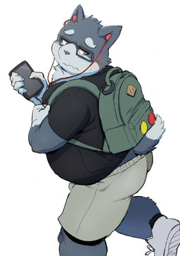 anthro backpack belly bottomwear bulge butt cellphone clothing electronics eyewear glasses headphones humanoid_hands kemono listening_to_music male overweight overweight_male phone shirt shorts simple_background smartphone solo topwear white_background gattatta canid canine canis domestic_dog mammal 2021 hi_res