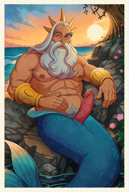 abs animal_genitalia areola beach beard biceps bodily_fluids dripping erection facial_hair fin genital_fluids genital_slit genitals hair half-closed_eyes humanoid_genitalia humanoid_penis leaking_precum long_beard long_hair looking_at_viewer male mature_humanoid mature_male muscular muscular_humanoid muscular_male narrowed_eyes nipples nude outside pecs penile_spines penis plant precum precum_drip sand sea seaside sitting sky solo split_form sunset tail water white_hair guerillasquirrel disney the_little_mermaid_(1989) king_triton_(disney) aquatic fish humanoid mammal merfolk digital_media_(artwork) hi_res