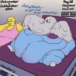 1:1 alphys anthro bed big_breasts blue_body blue_scales breasts clothing costume dialogue dinosaur duo english_text eyewear female fish footwear furniture glasses hair hi_res immobile laugh marine morbidly_obese morbidly_obese_female number obese obese_female overweight overweight_female prehistoric_species red_eyes red_hair reptile scales scalie signature socks text undertale_(series) undyne weight_gain wenisberry yellow_body yellow_scales