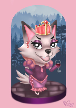 alcohol anthro beverage chibi clothing container crown cup cute_fangs dress drinking_glass ear_piercing ear_ring fangs female forest forest_background fur glass glass_container glass_cup hand_on_hip headgear looking_at_viewer nature nature_background piercing plant queen ring_piercing royalty solo teeth tree white_body white_fur wine wine_glass vulphy animal_crossing nintendo nakhta canid canine fox mammal absurd_res hi_res