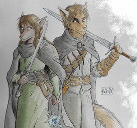 abstract_background anthro armor assassin belt black_clothing black_robe broadsword brown_body brown_eyes brown_fur brown_hair brown_nose cloak clothed clothing dagger duo female fur hair holding_melee_weapon holding_object holding_sword holding_weapon knife long_hair looking_aside magic male melee_weapon robe short_hair simple_background smile standing sword vambrace weapon white_background 0laffson twokinds natani zen_(twokinds) canid canine canis keidran mammal wolf 2013 painting_(artwork) signature traditional_media_(artwork) traditional_painting_(artwork) traditional_watercolor_(artwork) watercolor_(artwork) brother_(lore) brother_and_sister_(lore) sibling_(lore) sister_(lore)