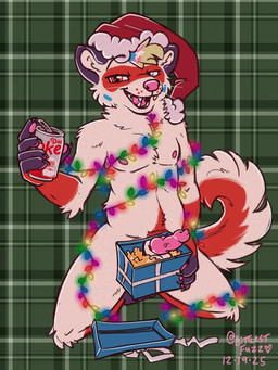 5_fingers animal_genitalia animal_penis anthro arty_redd balls beverage_can biped box can canine_genitalia canine_penis christmas_clothing christmas_decorations christmas_headwear christmas_lights claws clothing container dick_in_a_box erection facial_markings finger_claws fingerpads fingers fur genitals gift_box hair hat head_markings headgear headwear heterochromia holding_box holding_can holding_container holding_object holidays inviting kneeling knot knotted_penis lidded_eyes looking_at_viewer male markings mask_(marking) mismatched_animal_penis mismatched_genitalia mismatched_penis multicolored_hair nipples pattern_background pawpads pecs penis pink_nipples pink_penis plaid plaid_background presenting presenting_penis red_body red_fur red_markings santa_hat sheath simple_background smile smiling_at_viewer smirk smirking_at_viewer solo tail teeth tongue whiskers white_body white_fur littlestfuzz christmas coca-cola gulonine mammal marten mustelid musteline sable_(marten) 2025 absurd_res digital_drawing_(artwork) digital_media_(artwork) hi_res