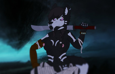 anthro areola biped bone breasts clothing dark female fur glowing hair legwear looking_at_viewer markings nipples patterns piercing scar sitting smile solo tribal weapon sexual_icecream seraphin canid canine canis demon mammal wolf hi_res
