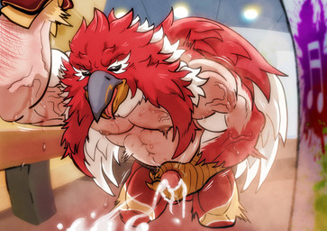 anthro big_muscles bodily_fluids ejaculation fur groan growth huge_muscles locker_room looking_up male mask masturbation moan multicolored_body multicolored_fur muscle_growth musclegut muscular muscular_anthro possession red_body shaking shivering solo stare steam sweat sweatdrop transformation vein veiny_muscles wearing_mask wrestler wrestler_costume audiophilliac garou:_mark_of_the_wolves mythology snk tizoc avian gryphon mythological_avian mythological_creature hi_res