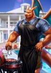 5_fingers anthro anthrofied apron barazoku barbecue beef biceps biped black_apron black_clothing blue_clothing blue_eyes blue_shirt blue_topwear blurred_background bottomwear clothed clothing cooking cooking_tongs countershade_torso countershading day detailed_background eyewear facial_hair fangs fingers food front_view fully_clothed glasses glistening glistening_arms glistening_body glistening_legs glistening_tail goatee grill grin hand_on_hip horn kitchen_utensils lens_flare looking_down male meat multicolored_body multicolored_scales muscular muscular_anthro muscular_male orange_body orange_scales outside pecs pokemorph poolside scales shirt shorts smile solo standing steak steam swimming_pool tail tan_body tan_scales teeth tight_clothing tight_shirt tight_topwear tongs tools topwear two_tone_body two_tone_scales wings nviek5 nintendo pokemon fan_character foreseth_(character) charizard generation_1_pokemon pokemon_(species) 2021 detailed digital_media_(artwork) digital_painting_(artwork) hi_res painting_(artwork) portrait shaded soft_shading three-quarter_portrait