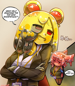 annoyed big_breasts black_clothing black_jacket black_topwear breasts chibi clothing collar crossed_arms dialogue duo ears_down female half-closed_eyes id_card jacket narrowed_eyes pink_body pivoted_ears red_eyes shortstack standing text topwear yellow_body morbidlycutecrunch chiyo_(morbidlycutecrunch) ichika_(morbidlycutecrunch) animal_humanoid goo_creature goo_humanoid humanoid lagomorph lagomorph_humanoid leporid_humanoid mammal mammal_humanoid rabbit_humanoid absurd_res comic english_text hi_res