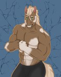 4:5 anthro brown_body equid equine flexing front_view glistening glistening_eyes green_eyes grin hi_res horse male mammal mane markings muscular muscular_anthro muscular_male portrait simple_background smile solo standing tail tan_mane tan_tail three-quarter_portrait tiggybloom white_markings