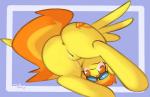 anus bodily_fluids butt cutie_mark eyewear feathered_wings feathers female feral genital_fluids genitals goggles hair multicolored_hair pussy solo two_tone_hair vaginal_fluids wings yellow_body yellow_feathers whoop friendship_is_magic hasbro my_little_pony mythology spitfire_(mlp) wonderbolts_(mlp) equid equine mammal mythological_creature mythological_equine pegasus 2013 digital_media_(artwork) hi_res signature