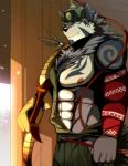 abs anthro archer arrow_(weapon) biceps bow_(weapon) clothing fur male mongolian mongolian_clothing muscular muscular_anthro muscular_male nipples pecs ranged_weapon simple_background solo tattoo weapon white_body white_fur bearlovestiger13 lifewonders tokyo_afterschool_summoners temujin_(tas) canid canine canis mammal wolf 2017 hi_res