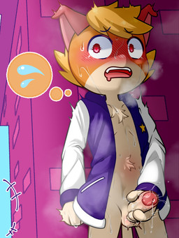anthro bodily_fluids exhibitionism fur hiding male masturbation solo sweat rawfish 90_percent_studios purrfect_apawcalypse rover_jackson 3:4 hi_res