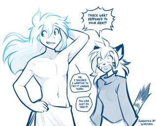 5_fingers anthro biped bottomwear breasts clothed clothed_anthro clothed_female clothing duo female fingers front_view fully_clothed fully_clothed_anthro fully_clothed_female fur hair hand_behind_head long_hair male navel pose simple_background smile striped_body striped_fur stripes tail teeth text tongue topless topless_male topwear towel towel_only white_background conditional_dnp tom_fischbach twokinds flora_(twokinds) trace_legacy felid human keidran mammal pantherine tiger 2026 blue_and_white digital_drawing_(artwork) digital_media_(artwork) english_text hi_res monochrome sketch
