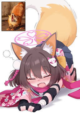 accessory ambiguous_feral ambiguous_gender animal_ears asian_clothing bandage black_clothing black_gloves black_handwear blue_bottomwear blue_clothing blue_skirt blush bob_cut bodily_fluids bottomwear brown_clothing brown_footwear brown_hair brown_shoes cat_stretch clothing creature_and_personification east_asian_clothing eyes_closed fangs female feral fishnet_clothing fishnet_thighhighs floral_kimono floral_print fluffy fluffy_tail footwear fox_ears fox_tail gloves hair hair_accessory halo handwear inner_ear_fluff japanese_clothing kerchief kimono legwear loafers multi_ear neckerchief neckwear open_mouth orange_tail partially_fingerless_gloves pink_clothing pink_halo pink_kerchief pink_kimono pink_neckerchief pink_scarf pleated_skirt print_kimono reference_inset sailor_collar saliva scarf shirt shoes short_kimono simple_background skin_fang skirt sleeveless_shirt solo solo_focus squean stretching sweat tail tail_motion tailwag tears teeth thigh_highs topwear tuft white_background white_clothing white_shirt white_topwear yawn jchanmul blue_archive nexon izuna_(blue_archive) animal_humanoid canid canid_humanoid canine canine_humanoid fox fox_humanoid humanoid mammal mammal_humanoid absurd_res full-length_portrait hi_res portrait