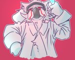 anthro biped chest_tuft clothed clothing fluffy front_view fur gas_mask half-closed_eyes holding_object kemono looking_at_viewer male mask monotone_body monotone_fur narrowed_eyes open_clothing open_shirt open_topwear partially_clothed pink_background red_eyes shirt simple_background solo topwear tuft white_body white_clothing white_ears white_fur white_shirt white_topwear lok_cat changed_(video_game) dr._k_(changed) canid canine canis mammal wolf 2023 5:4 colored digital_media_(artwork) half-length_portrait portrait