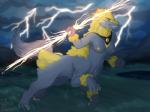 blonde_hair breasts electricity electricity_manipulation elemental_manipulation female fur grey_body grey_fur hair lightning nipples solo yellow_nipples witchofavalon nintendo pokemon terra_vi generation_3_pokemon manectric pokemon_(species) taur 4:3