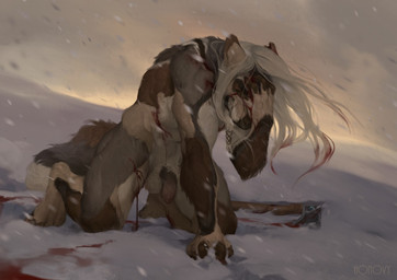 anthro axe balls biped blood bodily_fluids eyes_closed flaccid fur hair kneeling male melee_weapon outside penis pubes snow solo teeth weapon wounded honovy canid canine canis mammal wolf