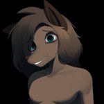 anthro big_pupils bloodshot_eyes breasts brown_body brown_fur brown_hair dilated_pupils eye_bags featureless_breasts female fur green_eyes hair looking_at_viewer pupils simple_background smile solo donya donya_desmond canid canine canis mammal wolf 1:1 bust_portrait hi_res portrait