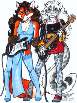 anthro bass_guitar black_hair black_nose blue_clothing blue_dress blue_eyes bottomwear braided_pigtails breasts choker cleavage clothed clothing dipstick_tail dress duo electric_guitar female fingers footwear fur garter_straps gloves_(marking) grey_body grey_fur guitar hair high_heels jewelry legwear leopard_spots long_hair looking_at_viewer markings multicolored_tail music musical_instrument necklace off_shoulder orange_body orange_fur pigtails pink_nose playing_guitar playing_music plucked_string_instrument shoes simple_background skirt spots spotted_body standing stockings string_instrument tail tail_markings thigh_highs translucent translucent_clothing translucent_legwear translucent_stockings white_background white_hair terrie_smith cassie_the_rock_vixen cindy canid canine felid fox leopard mammal pantherine snow_leopard 2011 3:4 signature traditional_media_(artwork)