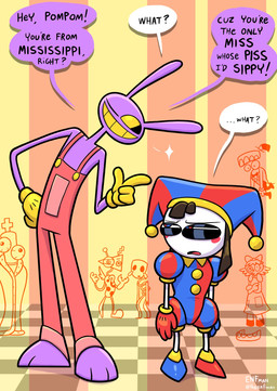 anthro bodily_fluids bow_ribbon button_(fastener) button_eyes clothed clothing dialogue doll dress female fool's_hat gloves group handwear hat headgear headwear jester male mask overalls rag_doll_(toy) robe speech_bubble tears text top_hat winking_at_another theenfman glitch_productions the_amazing_digital_circus caine_(tadc) gangle_(tadc) jax_(tadc) kinger_(tadc) pomni_(tadc) ragatha_(tadc) zooble_(tadc) animate_inanimate human humanoid lagomorph leporid living_chess_piece living_doll living_mask living_toy mammal mouth_creature rabbit english_text hi_res nonbinary_(lore)