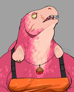 anthro apron areola areola_slip biped breasts clothing facial_piercing facial_scar female fin fin_piercing fish_hook fish_hook_piercing furgonomic_piercing furgonomics gills grey_background hook jagged_teeth jewelry lip_piercing looking_up necklace piercing pink_body red_eyes scar simple_background solo tongue_in_mouth kewpiekills nintendo splatoon aquatic fish maws_(splatoon) salmonid_(splatoon) 4:5 digital_media_(artwork) hi_res signature