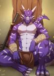 abs anthro athletic bandage biceps biped blue_eyes bottomwear bulge claws clothed clothing grey_body grey_skin horn katana loincloth looking_at_viewer male markings melee_weapon muscular muscular_anthro pecs plant pose purple_body purple_skin raised_leg scales sitting solo spread_legs spreading striped_body striped_scales stripes sword tail toe_claws topless tree warrior weapon white_stripes rabbity european_mythology mythology raventhan dragon mythological_creature mythological_scalie reptile scalie western_dragon 2015 digital_media_(artwork) hi_res