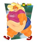 anthro belly big_belly black_nose blonde_hair blush bodily_fluids breasts breath clothed clothing fat_arms female food fruit green_eyes hair navel obese obese_anthro obese_female open_mouth overweight overweight_anthro overweight_female plant solo sweat sweaty_belly wumpa_fruit mintrimo activision crash_bandicoot_(series) tawna_bandicoot bandicoot mammal marsupial absurd_res hi_res