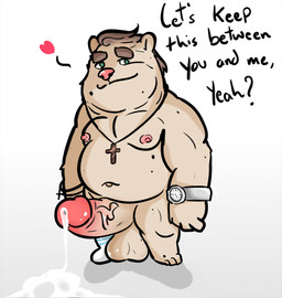 anthro balls big_balls big_penis bodily_fluids bracelet brown_body brown_fur clock clothing cross cum elderly erection footwear fur genital_fluids genitals jewelry legwear male musclegut muscular necklace nipples nude penis religion short socks solo standing text thick_penis watch cosmic51moon daniel_(cosmic51moon) bear mammal hi_res