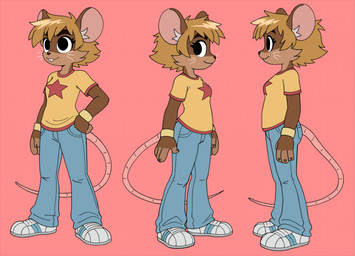 alternate_species anthro bottomwear breasts brown_body brown_fur brown_hair buckteeth cheek_tuft clothed clothing crossgender denim denim_bottomwear denim_clothing eyebrows facial_tuft female footwear fully_clothed fur furrification hair hand_on_hip hand_on_own_hip jeans mtf_crossgender pants pink_background shirt shoes side_view simple_background smile solo standing star_print t-shirt tail teeth thick_eyebrows topwear tuft turnaround whiskers joffrobert scott_pilgrim_(series) scott_pilgrim mammal mouse murid murine rodent hi_res model_sheet