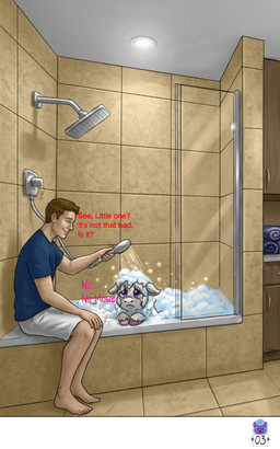 ambiguous_feral ambiguous_gender barefoot bathing blue_clothing blue_shirt blue_topwear bodily_fluids bottomwear brown_hair bubble clothed clothed_human clothing crying dialogue duo feet feral fur hair holding_object hooves inside male male_human pants pink_hooves purple_eyes sad shirt shower shower_room tan_body tan_skin tears text topwear water white_body white_bottomwear white_clothing white_fur white_pants young young_ambiguous young_feral sorrystickpro fluffy_pony fluffy_pony_(species) human mammal 2026 5:8 absurd_res digital_media_(artwork) english_text hi_res