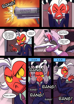 anthro bed clothing dialogue female freckled_face freckles furniture gun male motion_lines pajamas pillow pink_pajamas ranged_weapon tear_trough text weapon kato777 hellaverse helluva_boss mythology loona_(helluva_boss) moxxie_(helluva_boss) canid canid_demon canine demon hellhound imp mammal mythological_canine mythological_creature absurd_res comic english_text hi_res