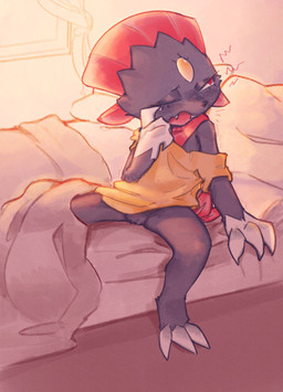 3_toes ambiguous_gender anthro barefoot bed biped blue_body blue_fur blush bottomless claws clothed clothing crotch_tuft eyelashes featureless_crotch feet finger_claws fur furniture on_bed one_eye_closed pupils red_body red_eyes solo teeth toe_claws toes tongue topwear tuft c3ilin nintendo pokemon generation_4_pokemon pokemon_(species) weavile hi_res