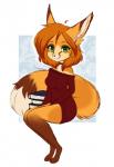 anthro book breasts chibi clothing dress female freckles green_eyes hair long_ears looking_at_viewer red_hair solo vulap taykoe autumn_(praexon) canid canine fox mammal red_fox true_fox hi_res