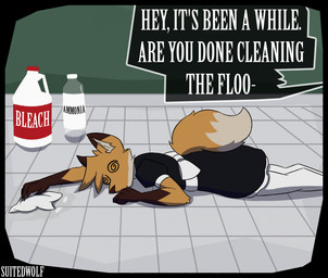 5_fingers ammonia anthro bleach_(object) cleaning cloth clothed clothing countershade_face countershading dialogue dipstick_ears dipstick_tail ear_markings fingers floor fur gloves_(marking) maid_uniform male markings multicolored_ears orange_body orange_fur solo spiral spiral_eyes tail tail_markings text tile tile_floor unconscious uniform suitedwolfie balthy_(suitedwolfie) canid canine fox mammal red_fox true_fox comic english_text hi_res