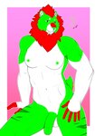 anthro balls belly breasts circumcised fangs flaccid fur genitals green_body green_fur green_nipples green_nose green_penis green_stripes gynomorph hand_on_leg hand_on_thigh intersex looking_at_viewer mane muscular muscular_anthro muscular_intersex nipples nude outline penis posing_for_picture red_mane sabertooth_(anatomy) short_tail simple_background sitting small_breasts solo striped_body stripes tail tasteful_nudity teeth white_belly white_outline neon_lion ryliee_altinay_(neon_lion) felid hybrid lion mammal pantherine prehistoric_species saber-toothed_tiger hi_res shaded simple_shading