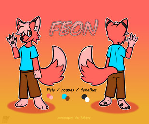 anthro brown_eyes clothing feet fur hair looking_at_viewer male pawpads red_body red_fur red_hair simple_background smile solo tail text rahony canid canine mammal absurd_res digital_media_(artwork) hi_res model_sheet portuguese_description portuguese_text translated