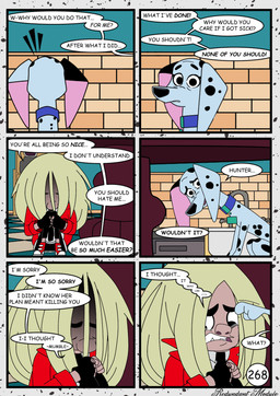 black_spots bodily_fluids crying dialogue duo female feral fur male sitting speech_bubble spots tears text white_body white_fur redundantmodule 101_dalmatian_street 101_dalmatians disney delilah_(101_dalmatians) hunter_de_vil canid canine canis dalmatian domestic_dog human mammal comic english_text hi_res