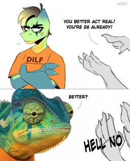 angry annoyed anthro birthday clothing emotional eyewear female glasses green_body serious serious_face shirt solo t-shirt tomboy topwear wearing_glasses walk-w-igny meme_clothing nintendo pokemon too_serious anonymous_character igny_superstar rina_kuryakina_(walk-w-igny) chameleon chameleosaur dinosaur dromaeosaurid generation_2_pokemon hybrid legendary_pokemon lizard lugia pokemon_(species) prehistoric_species reptile saurischian scalie theropod velociraptor comic hi_res meme