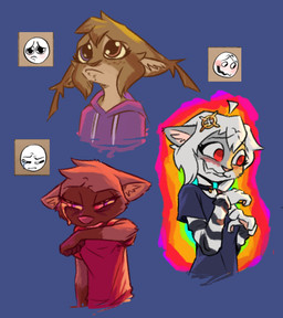 ambiguous_anthro ambiguous_gender anthro blue_background blush bodily_fluids brown_body brown_fur crying female female_anthro fur gloves_(marking) grey_body grey_fur hair head_tuft heterochromia markings red_eyes sad simple_background solo spots spotted_body spotted_fur tears tuft white_hair theblueberrycarrots arcanis_(hahaluckyme) faye_(sloppy) marc_(theblueberrycarrots) calico_cat domestic_cat felid feline felis lynx mammal mustelid 2025 digital_drawing_(artwork) digital_media_(artwork) hi_res multiple_images