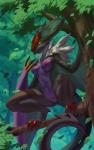 2018 alanscampos anthro black_body black_skin branch breasts claws clitoris crouching detailed_background dragon european_mythology falling_leaves female forest forest_background full-length_portrait generation_6_pokemon genitals hi_res leaf multicolored_body multicolored_skin mythological_creature mythological_scalie mythology nature nature_background navel neck_tuft nintendo nipples noivern non-mammal_breasts non-mammal_nipples nude on_branch outside perched plant pokemon pokemon_(species) pokemorph portrait purple_body purple_eyes purple_skin pussy scalie solo spread_legs spreading tail tree tuft two_tone_body two_tone_skin western_dragon wing_claws wings wyvern yellow_sclera