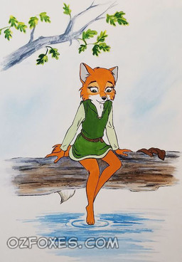 anthro barefoot belt brown_body brown_fur clothing feet female fur green_clothing leaf looking_down plant sitting smile solo tail text tree water young young_anthro mcarspec tales_of_the_shadowwood megan_(tales_of_the_shadowwood) canid canine fox mammal traditional_media_(artwork) url