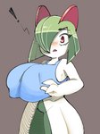 big_breasts blush breasts clothing exclamation_point female green_hair hair huge_breasts not_furry shirt solo topwear xabelha nintendo pokemon generation_3_pokemon kirlia pokemon_(species) absurd_res hi_res