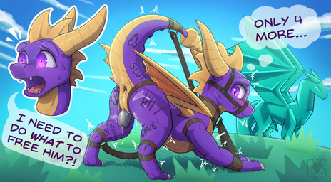 anus bdsm blush bodily_fluids bondage bound butt chastity_cage chastity_device claws collar cum cum_in_ass cum_inside cum_on_butt feral genital_fluids genitals horn looking_at_viewer male muzzle_(object) muzzled outside presenting presenting_hindquarters purple_body restraints solo submissive tail wings n1k0 activision mythology spyro_the_dragon spyro dragon mythological_creature mythological_scalie scalie