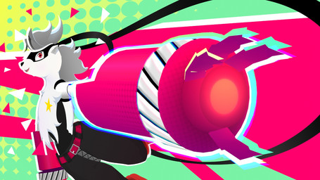 ambiguous_gender anthro arm_cannon belt black_body black_fur bottomwear cannon clothing cybernetic_arm cybernetic_limb footwear fur grey_hair hair mask mechanical_arm open_mouth pants ranged_weapon red_eyes shoes solo star weapon white_body white_fur zipper catchallvirus bandai_namco digimon digimon_beatbreak digimon_(species) wolvermon 16:9 2026 digital_media_(artwork) hi_res widescreen